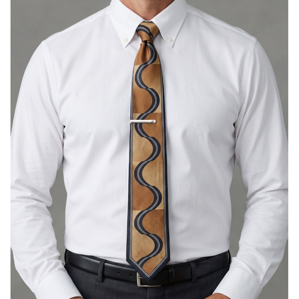 Romario Manzini Vintage Abstract Wave Tie Brown Gold Black Microfiber XL Necktie